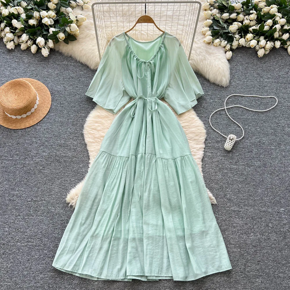 เดรสยาวทรงเข้ารูปสไตล์เกาหลีโบฮีเมียน ผ้าตาข่ายแขนสั้น ดีไซน์วินเทจเก๋ไก๋ สวยหรูดุจนางฟ้า