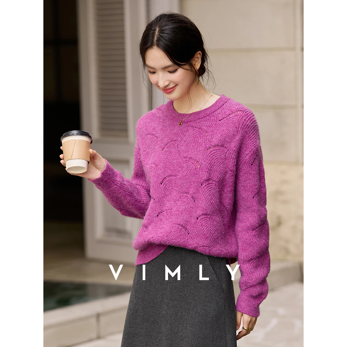 

VIMLY Knit Sweater Pullovers Women's 2025 Autumn Hollow Out O-Neck Long Sleeves Jumpers Slouchy Loose Fit Lady Knitwear 75279
