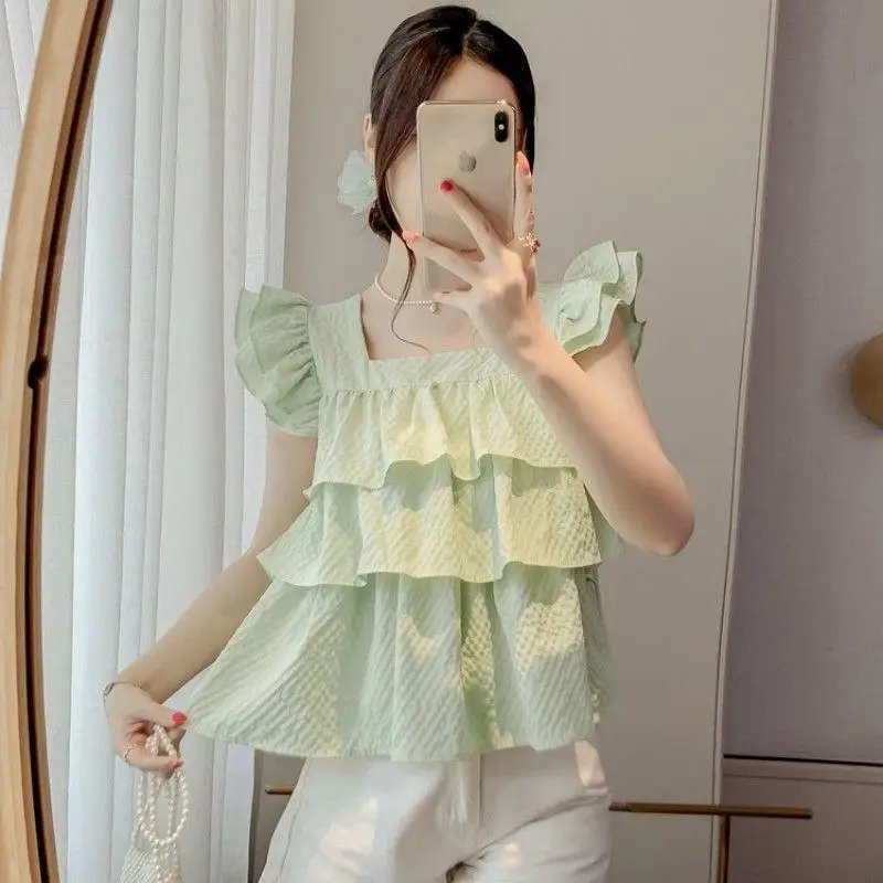 Light Green Tiered Ruffle Blouse, Square Neck with Ruffled Cap Sleeves, Textured Layered Babydoll Top