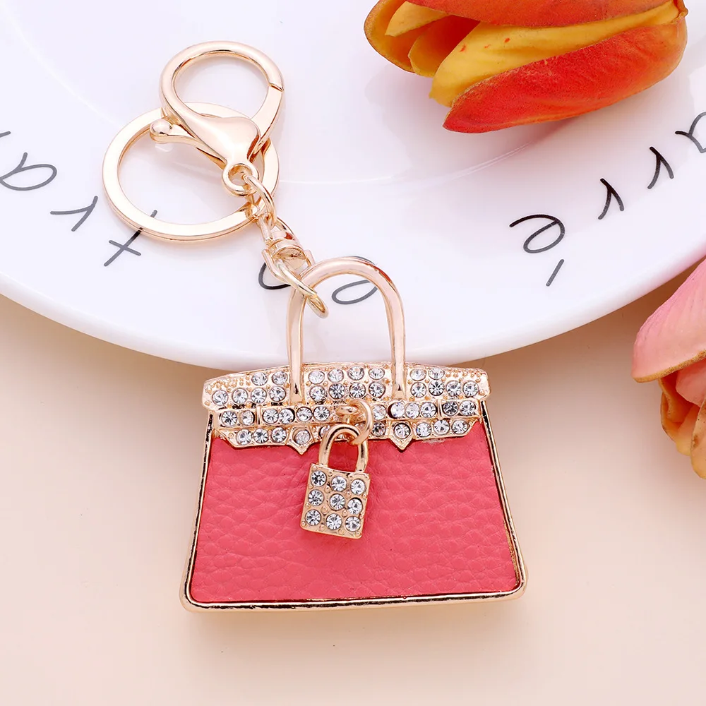 Fashion Cute Leather Crystal Women Handbag Key Chain Rhinestone Lock Bag Lady Wedding Jewelry Trinket Car Keychain Girl Gift K63