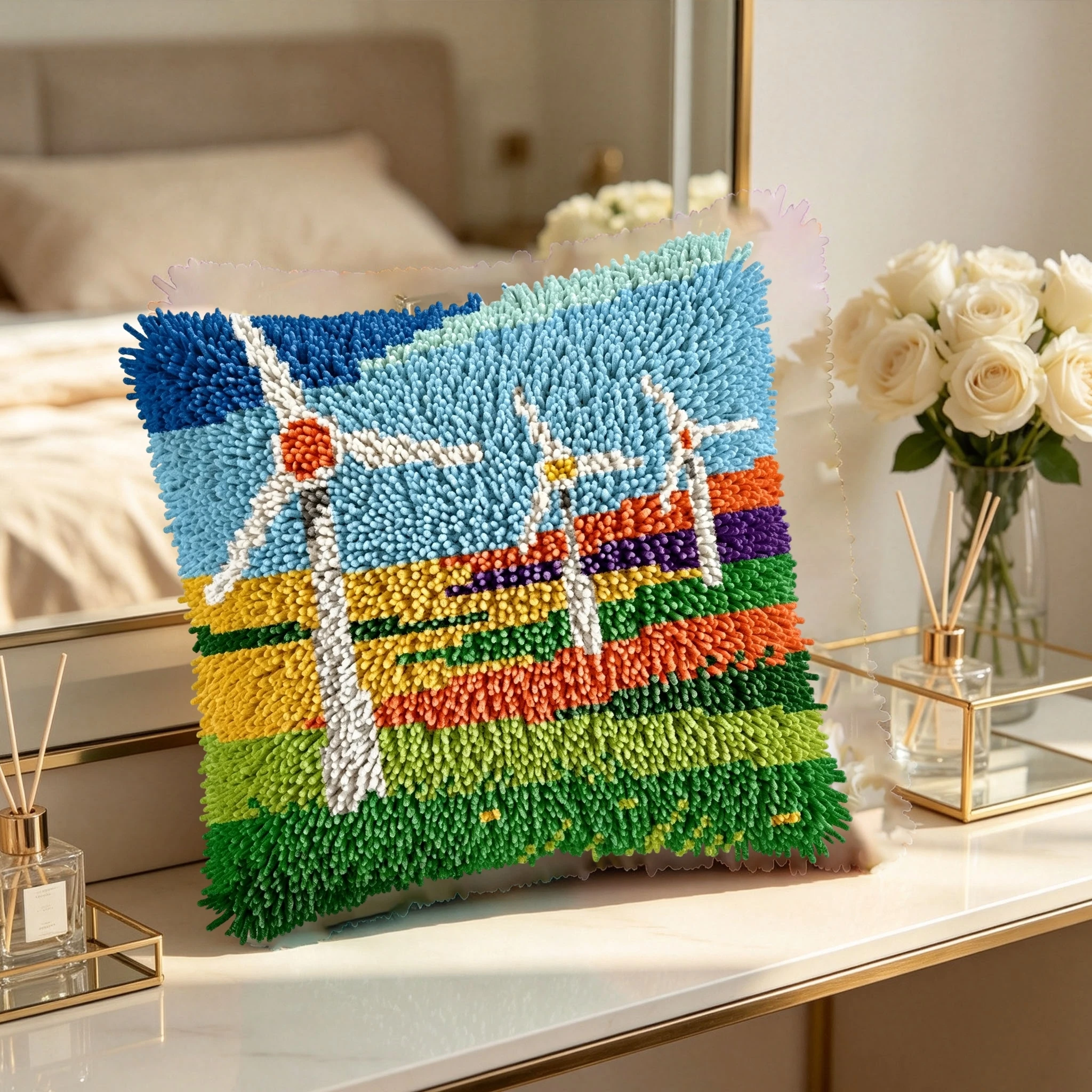1Set Wind Turbines Knot Pillow Latch Hook Kit Cushion Pillowcase Set For Needlework Latch Hook Kits DIY Beginner-friendly Embroi