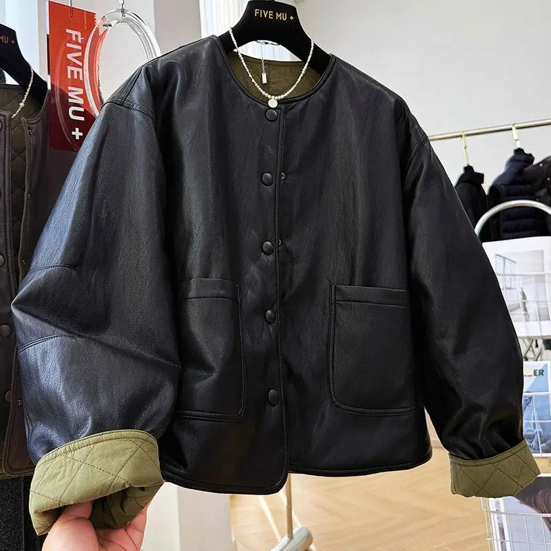 Autumn/Winter New Women's Leather Jacket Round Neck Loose Splicing PU Leather Jacket