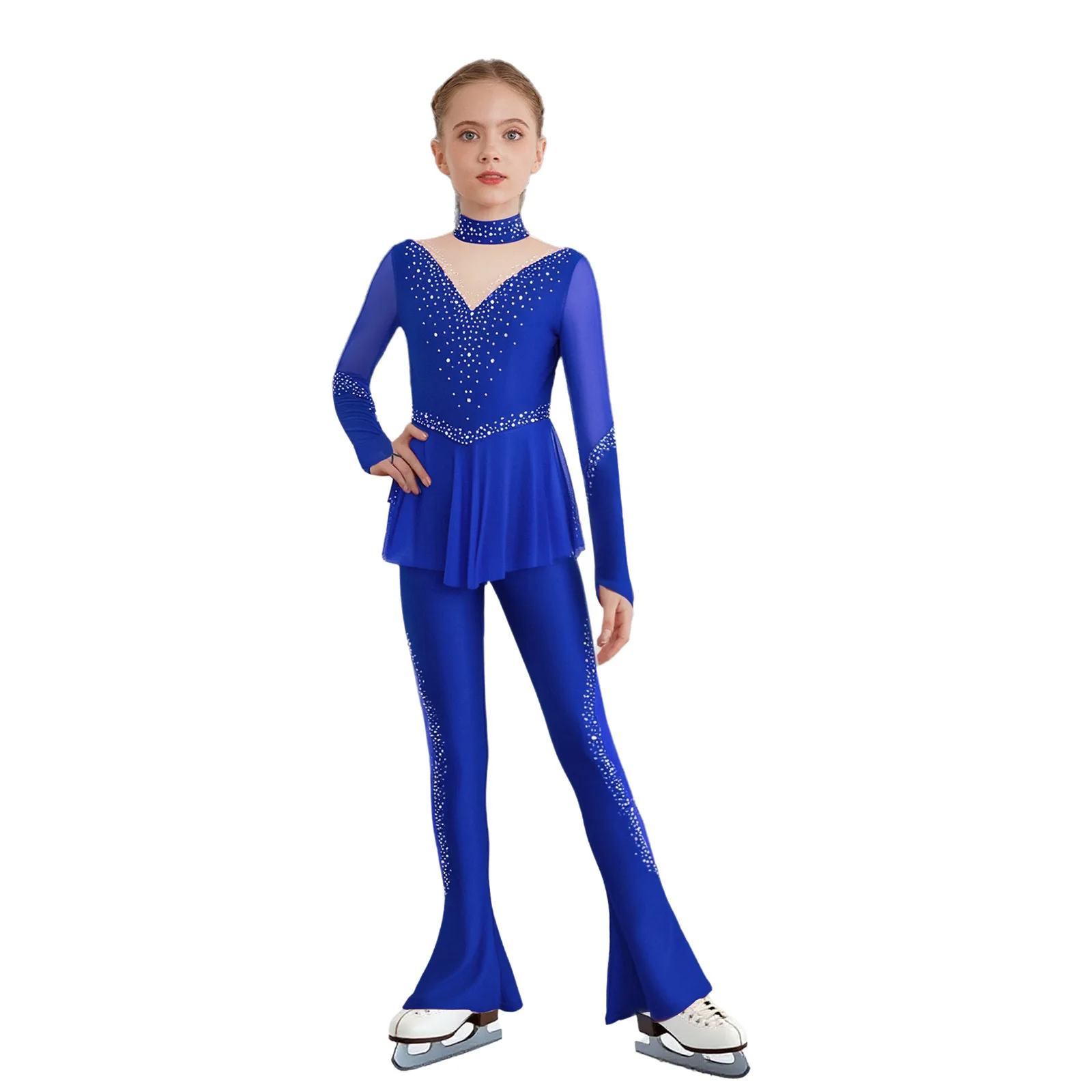 ชุดแสดงฟิกเกอร์สเก็ตสำหรับเด็กผู้หญิง ผ้าตาข่ายโปร่งประดับคริสตัล จั๊มสูทแขนยาว ทรงขาบาน ชุดรอมเปอร์สำหรับบัลเลต์และยิมนาสติก