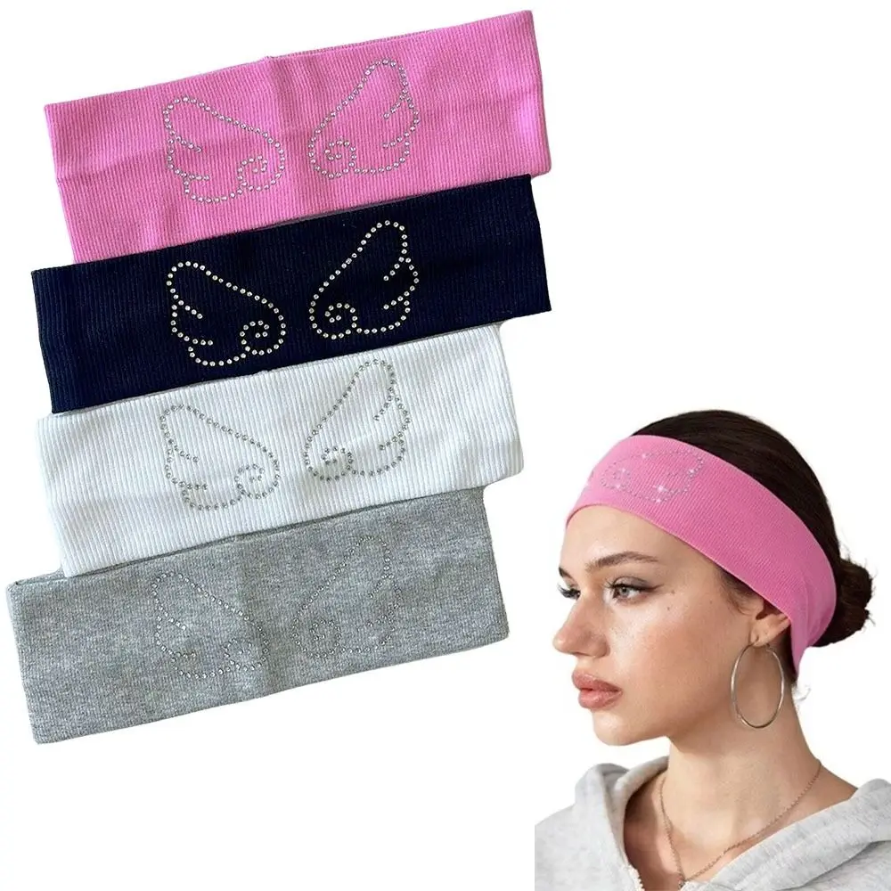 Casual Angel Wings Knitted Headband Elastic Wide Edge Hair Strap Rhinestone Decor Anti Sweating Sports headband for Women