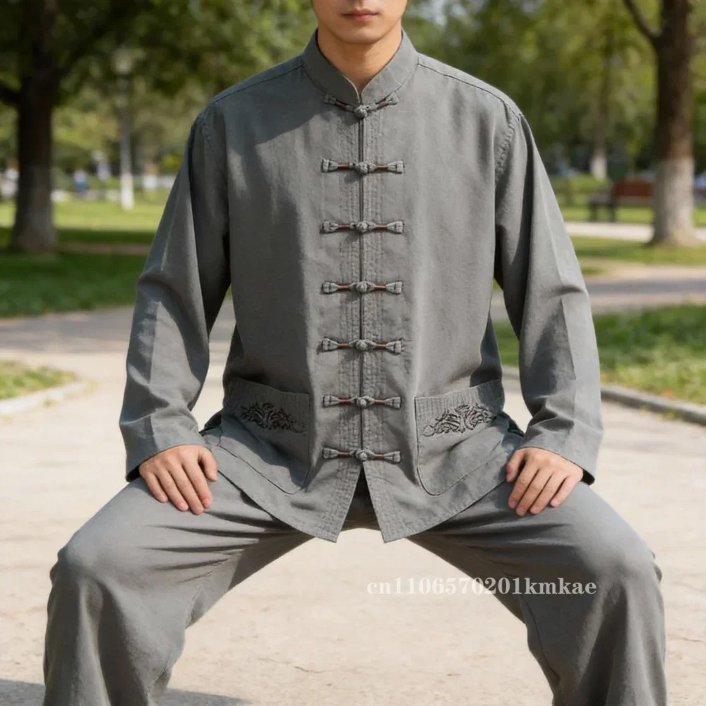 Chinese Men Women Taichi Uniform Embroidery Kung Fu Suit Traditional Wushu Clothing Long Sleeve Shirt And Pants For Daily