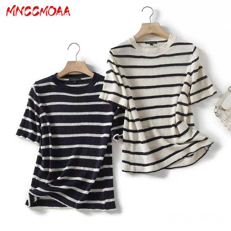 

MNCCMOAA 2024 Summer Women Fashion Stripe Knitting Short Sleeve T Shirt Female Casual Round Neck Tee Tops