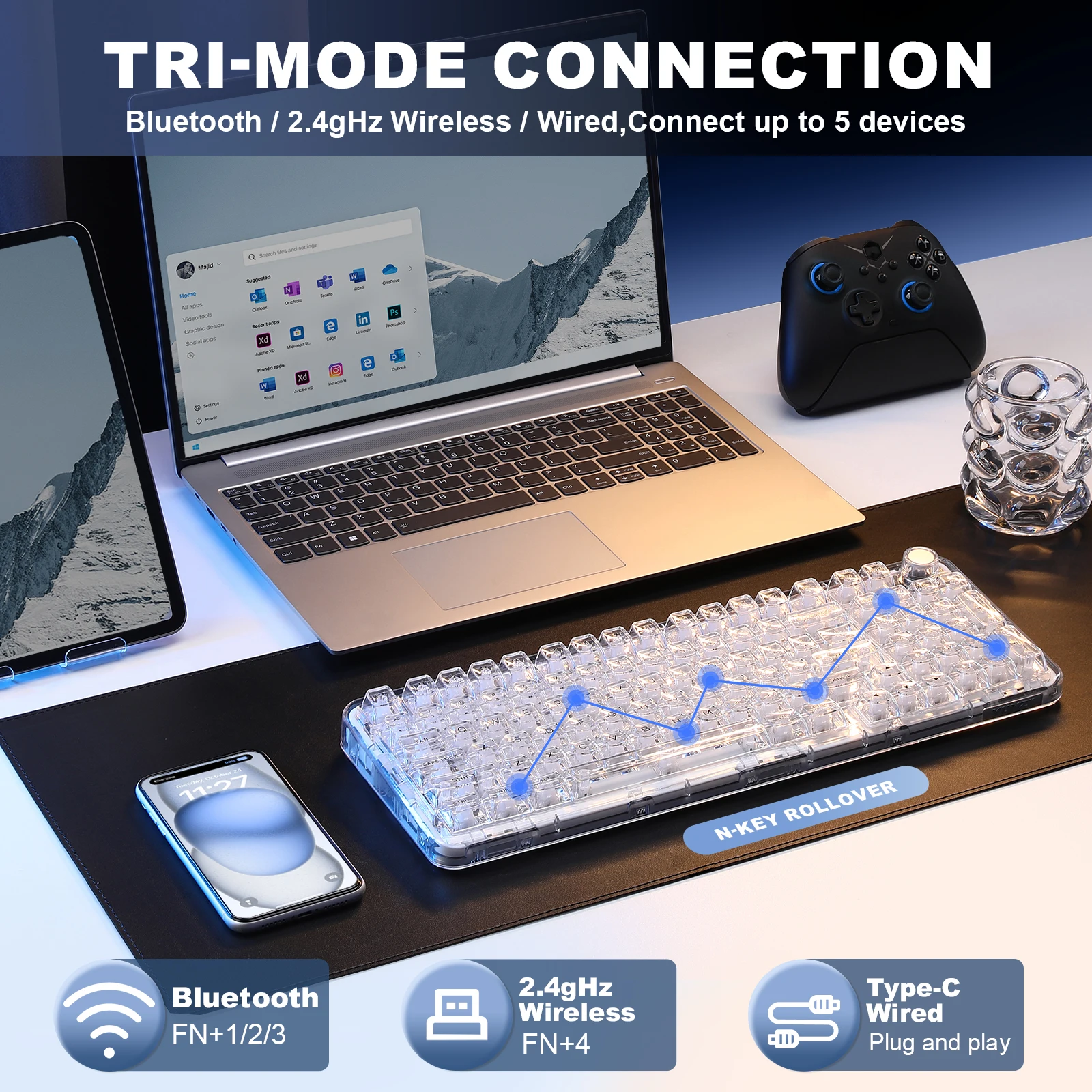 YUNZII X98 لوحة مفاتيح ميكانيكية شفافة بيضاء للألعاب، لوحة مفاتيح QMK/VIA RGB مخصصة مع مقبض، حامل حشية لجهاز Win/Mac #3