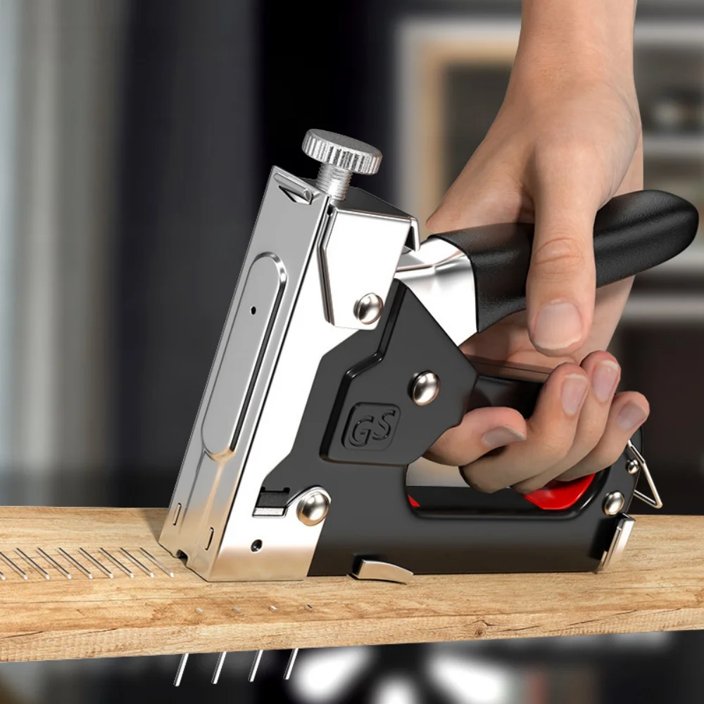 4 in 1 Heavy Duty Manual Staple Gun Hand Stapler Nail Gun, Fits T U I Door Type Staples, Hand Operated Stapling Tool for Wood