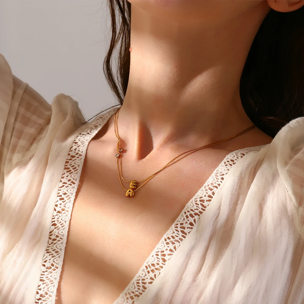 E.B.belle Zircon Bubble 26 Letters Necklace Stacked Jewelry 18K Gold Plated Stainless Steel For Women Charm Hypoallergenic