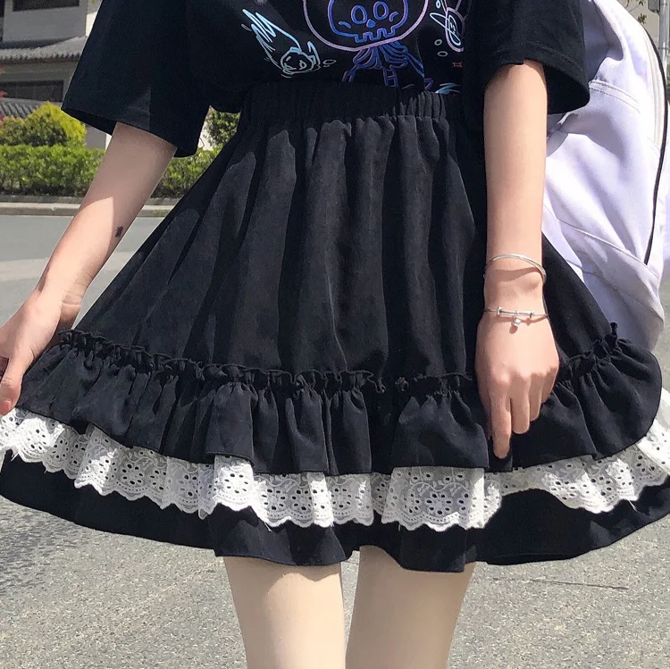 Jupe trapèze plissée en dentelle pour femmes, robe de RhKawaii, mini gâteau, style japonais, streetwear, patchwork, taille élastique