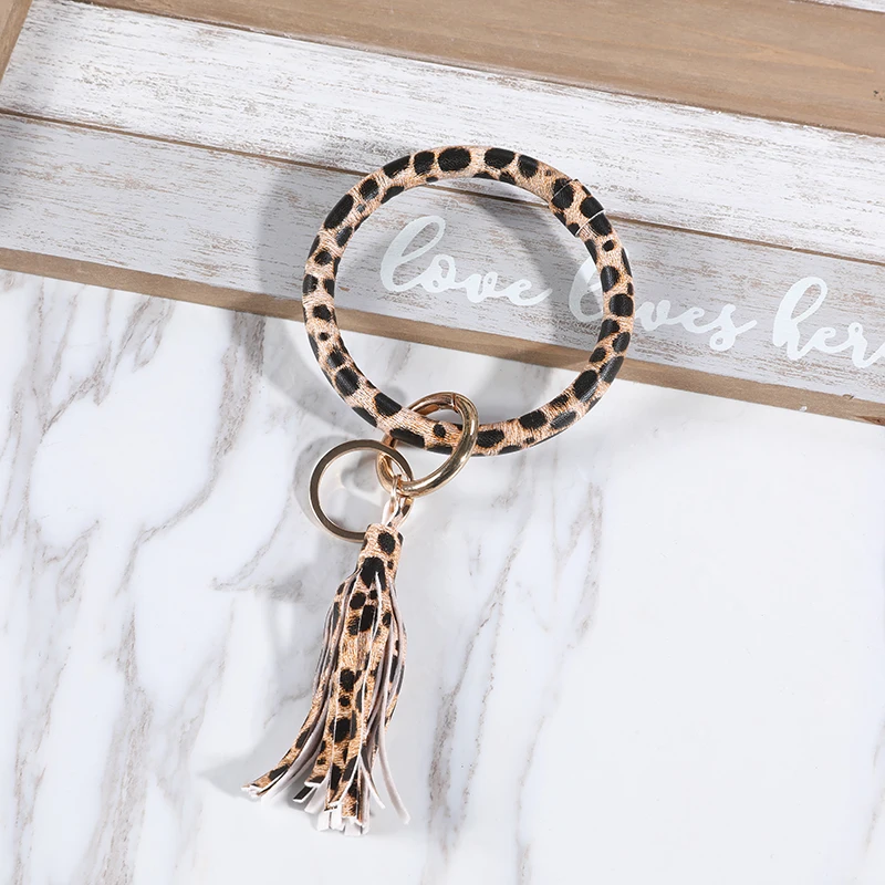 PU Leather Fashion Keychain Bracelet Leopard Snake Leather Keyring Round Wrist Keychain For Keys Women Men Keychains Wholesale