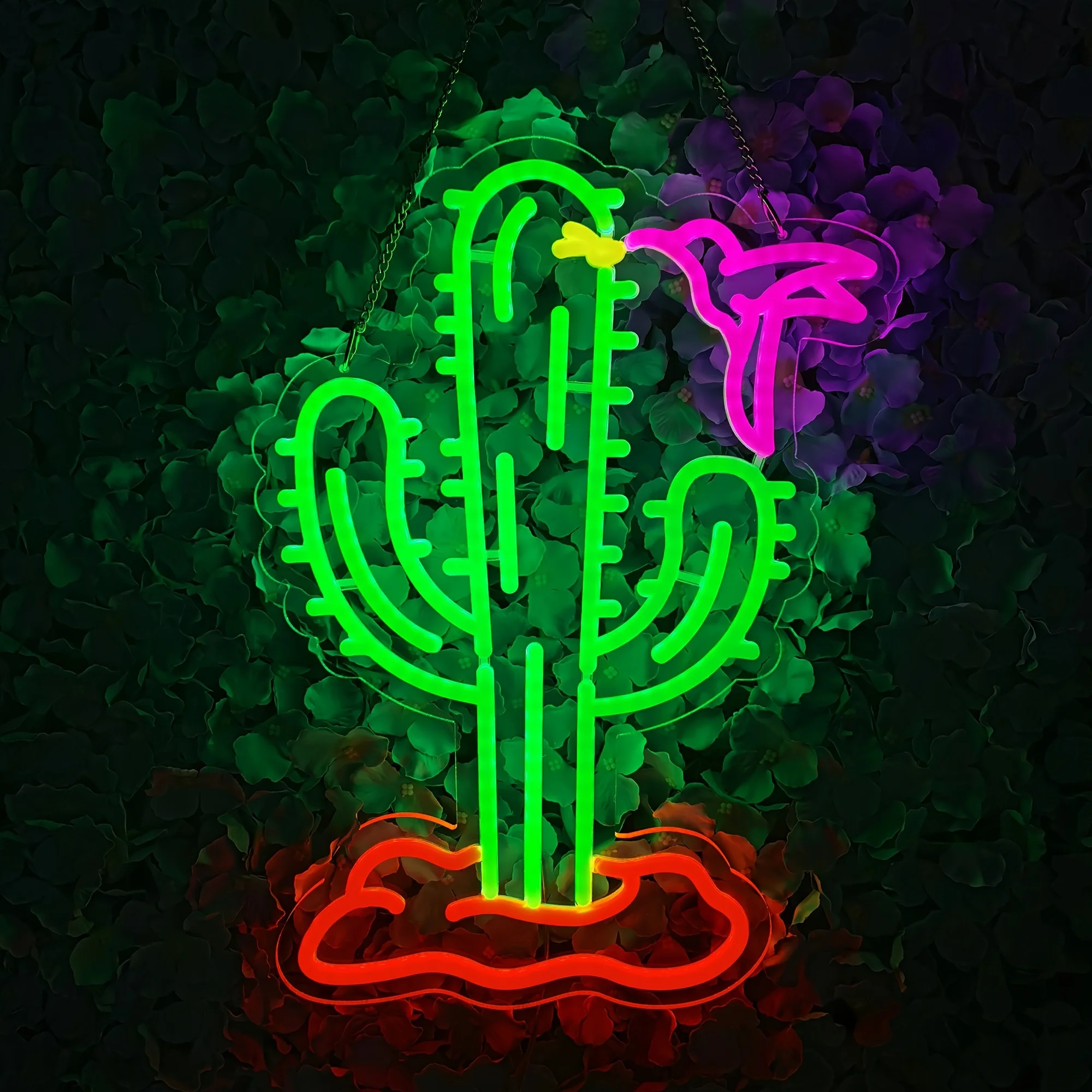 Multi-Color Cactus and Hummingbird Neon Sign -LED Lighting with Wall Hanging Design - Perfect for Bar Decor and Holiday Parties