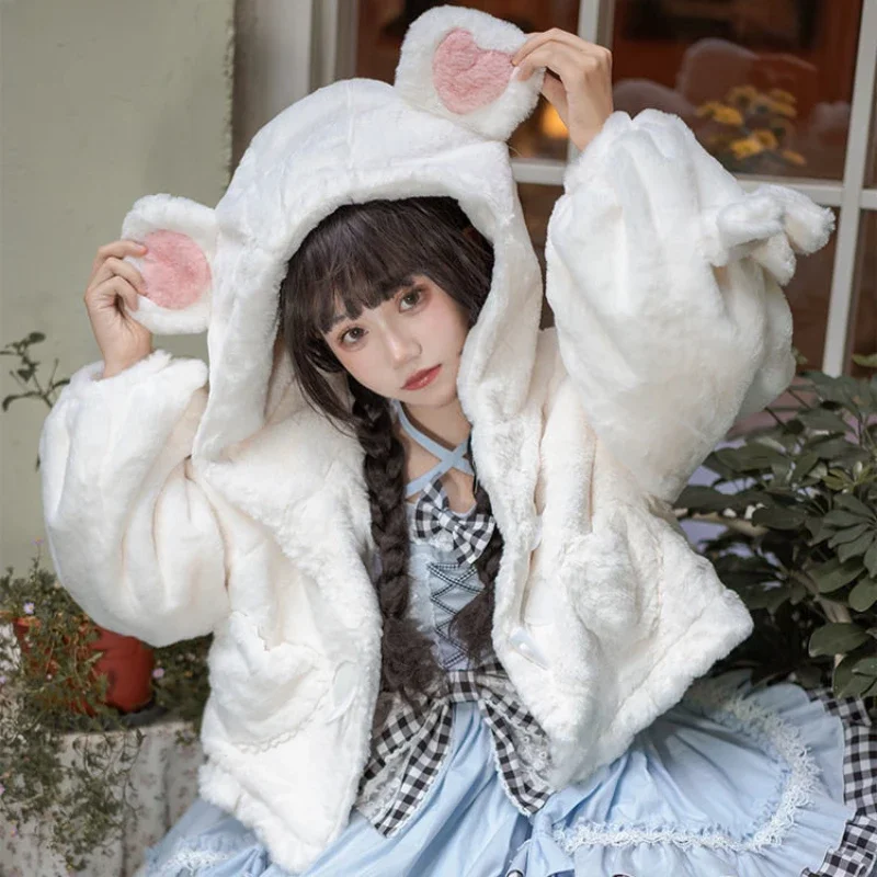 Japanese Kawaii Lolita Soft Plush Coat Autumn Winter Women Sweet Warm Jacket Cute Bear Ears Hooded Coats Girls Harajuku Outwear