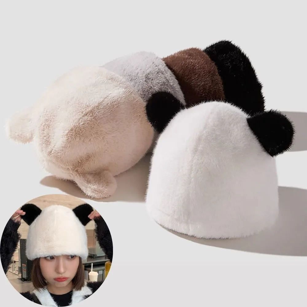 Panda Plush Hat For Women Cute Bear Ear Earflap Hat Faux Fur Fluffy Beanies Cap Warm Thick Winter Hat Cycling Ski Pullover Cap