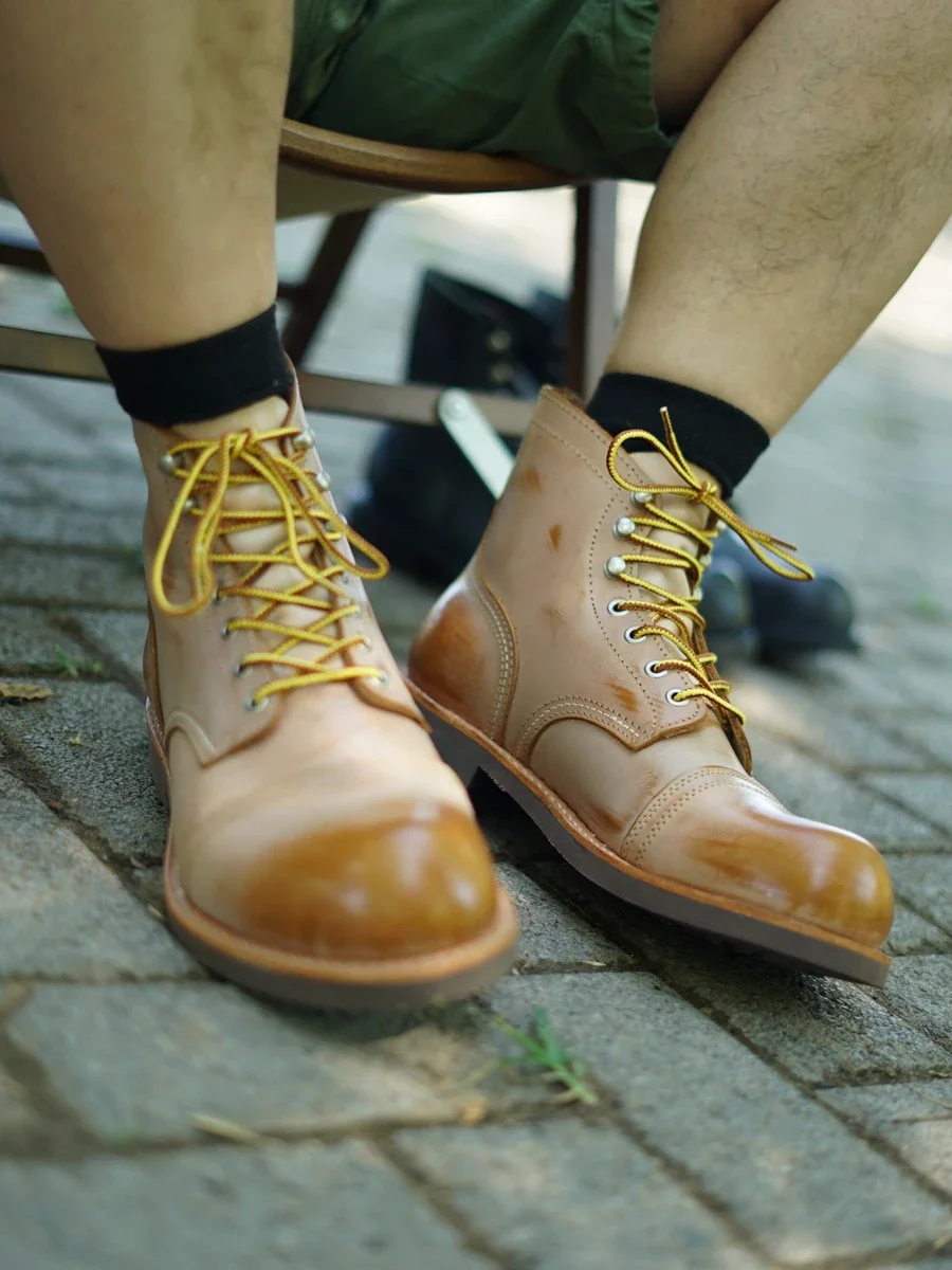 Plant Tanned Leather Primary Color Fog Wax Top Layer Cow-Goodyear Handmade Paratroop Boots for Men New Motorcycle