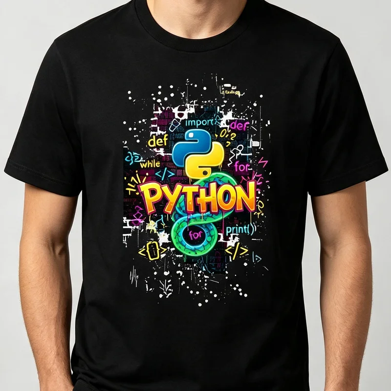 Men's Python Coding T-Shirt Colorful Programmer Code Print Short Sleeve Casual Streetwear Black White Summer Fashion Tee Top