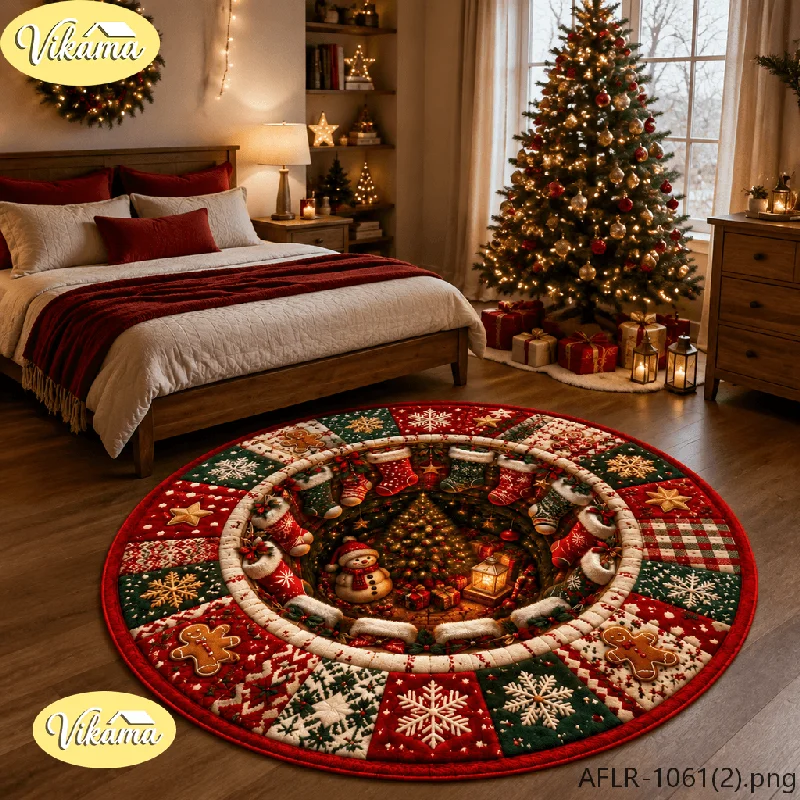 VIKAMA Christmas Hot Cocoa Patchwork Round Area Rug Anti Slip Absorbent Floor Mat for Living Room Entryway Holiday Home Decor