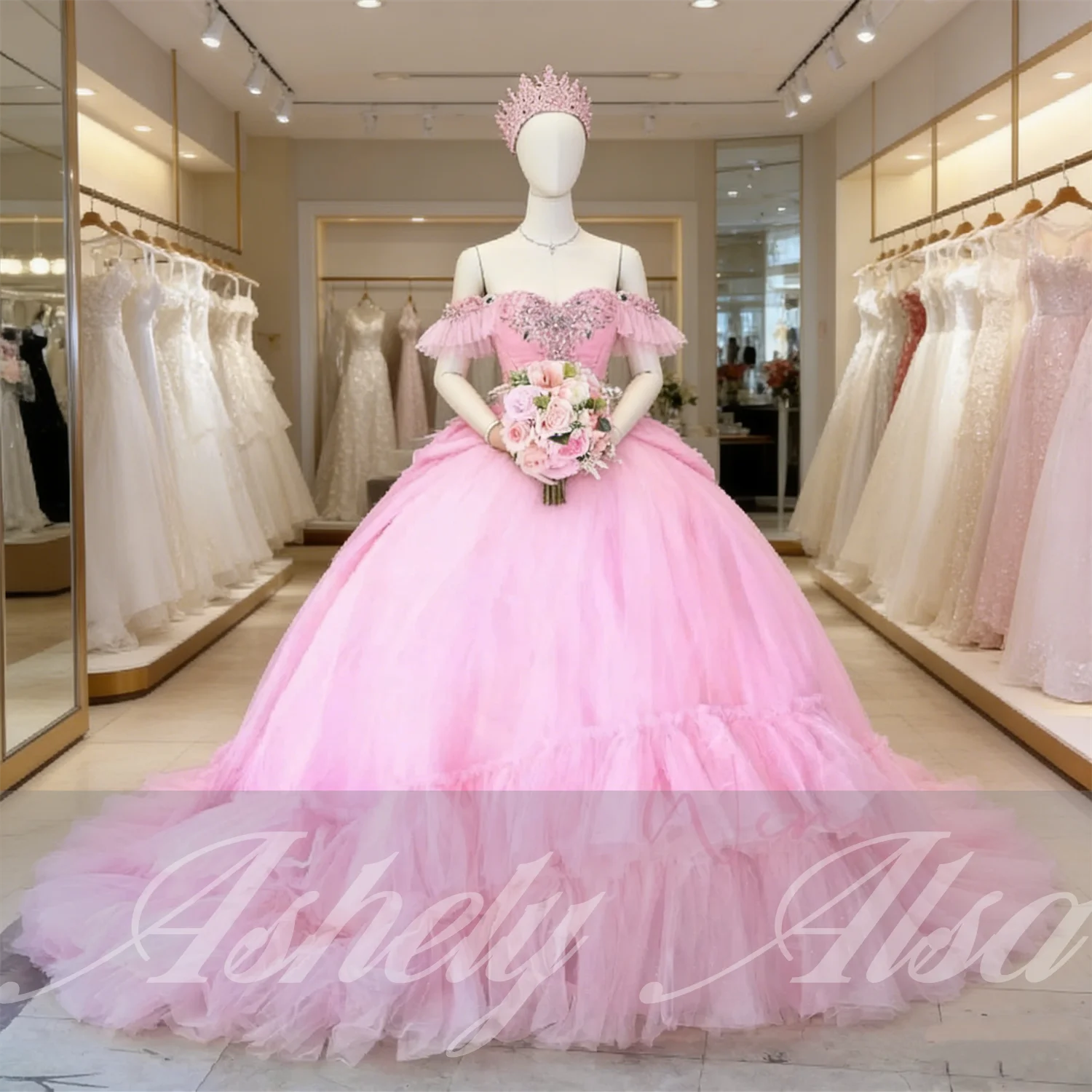 

Elegant Pink Princess Girl Quinceanera Dresses Off Shoulder Beaded Ruffle Edge Ballgown Prom Birthday Party 15 16 14 Customized