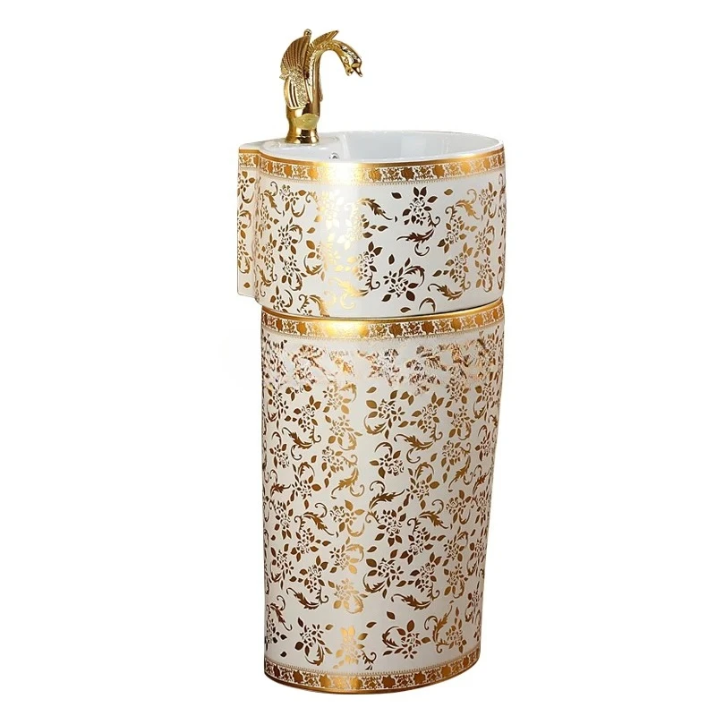 

Golden bathroom wash basin Color gold wash basin High-grade round column basin One-piece
