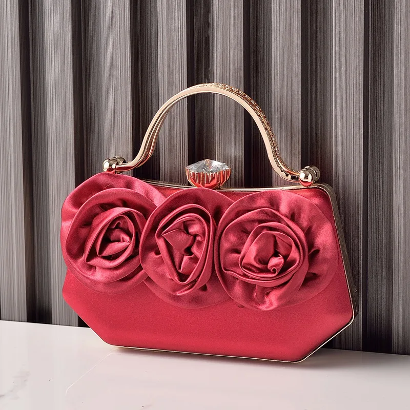 

Wine Red Bag Flower Silk Elegant Handbags for Ladies Shoulder Diamond Hasp Luxury Brands Clutches High Quality Bride Women's Bag