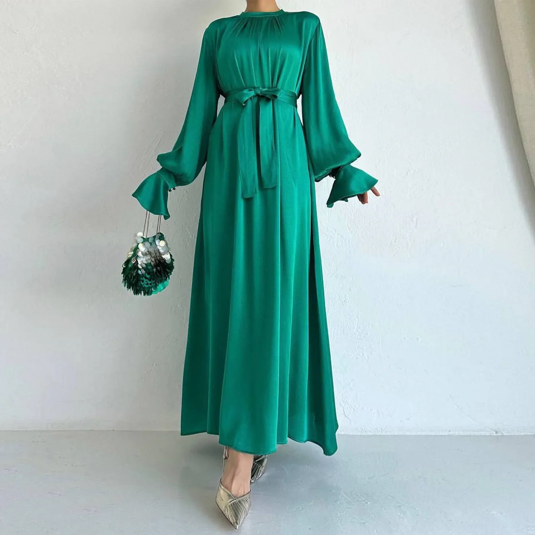 

Muslim Fashion Islamic Satin Dress Hijab Arabic Abaya Dubai Luxury Eid Ruffle Sleeves Turkish Long Dresses for Women Kaftan Robe