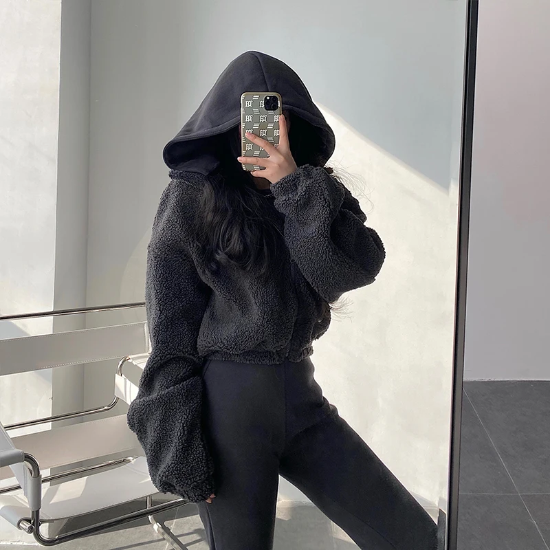 

European American street imitation lamb hair loose zipper jacket detachable hooded short coat bomber jacket women warmth heat
