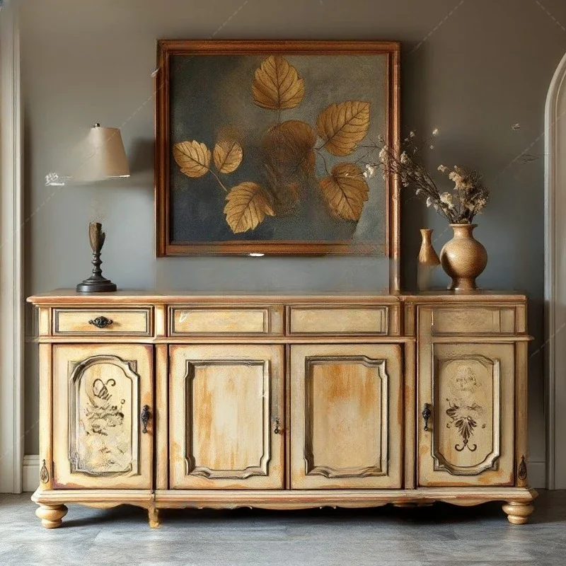French retro solid wood painted entrance cabinet living room decorative cabinet multi-drawer display cabinet locker