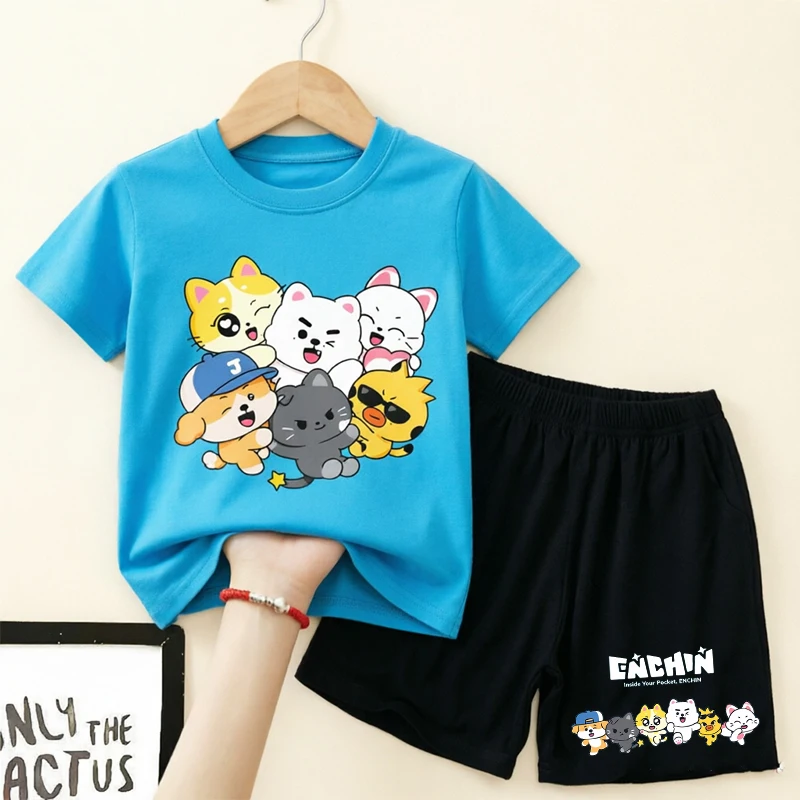 

Enhypenes Children T Shirt Sets Cartoon Character Printed Short Two Piece Suit Boys Girls Kawaii Summer Casual Clothing Gifts