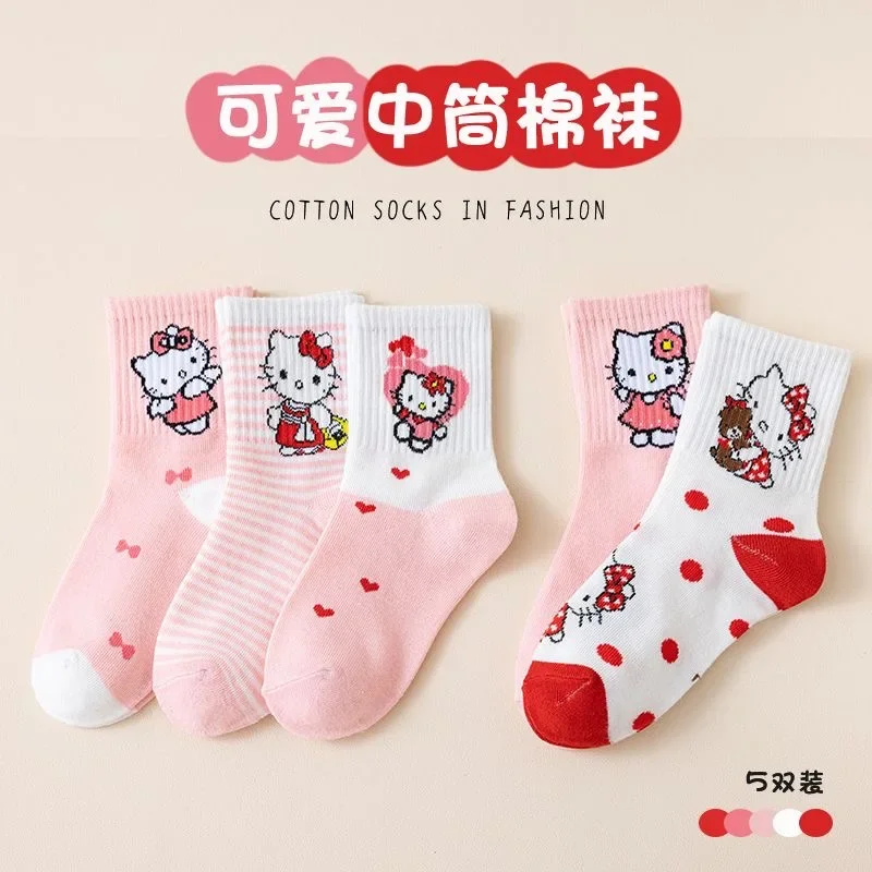 10Pcs/set Sanrio Female Cotton Socks Cartoon Cinnamoroll My Melody Kuromi Girls Soc ks Student Mid-tube Non-slip Socks Girl Gift