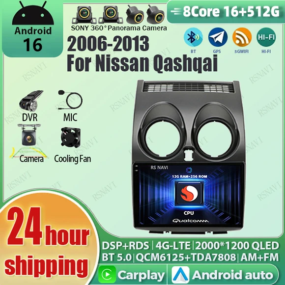 Radio para Auto Android 16 con Carplay para Nissan Qashqai J10 Rogue 2005 - 2015, Reproductor Multimedia, WIFI, 2 DIN