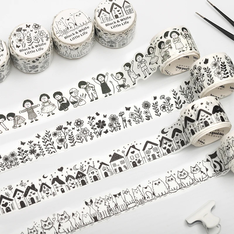 30mmx2m Vintage Tape Black whiteStyle Stickers 1 roll Decorative collage Diary Album Scrapbooking material Craft Supplies ﻿