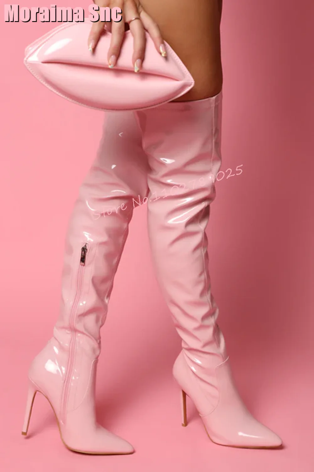 Patent Leather Thigh High Boots Stiletto High Heel Pointed Toe Side Zipper Pink Solid Sexy Women Long Boots Fashion Autumn 2023