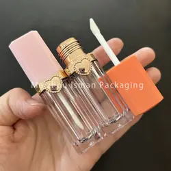 50Pcs luxury orange pink heart shape lipstick packaging cosmetic clear octagon lip gloss containers tube with brush 9ml