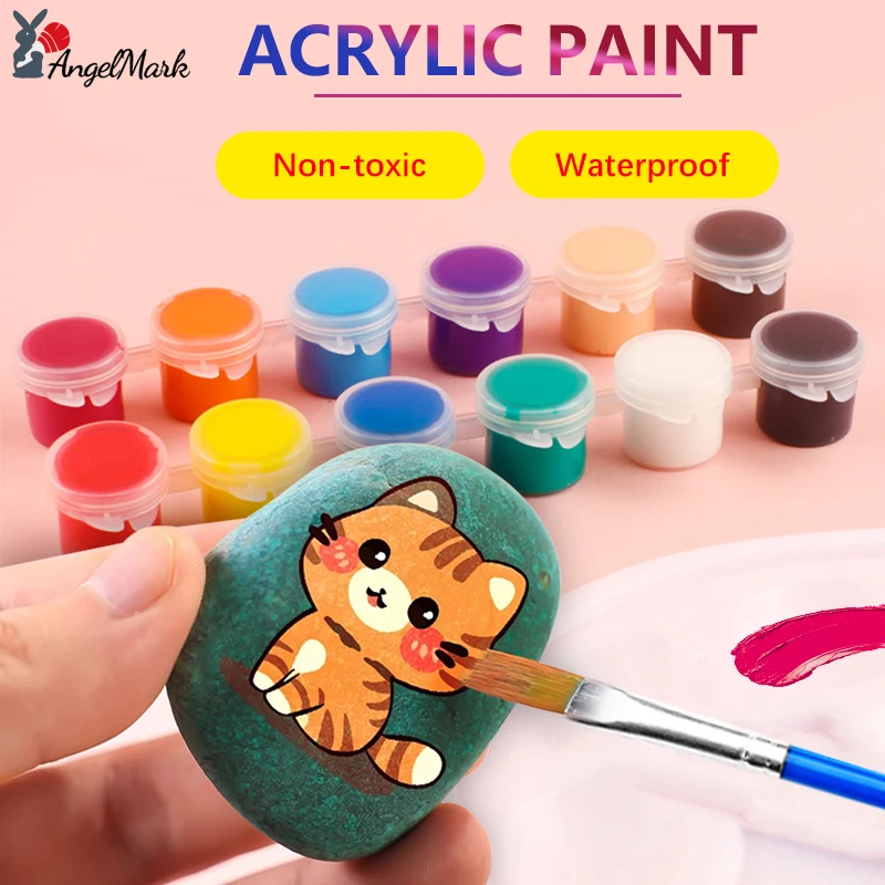 AngelMark 6/12Colors Acrylic Paint Set Washable Filled Paint Sets with Lids Eco-friendly for Kids Arts and Crafts Paint