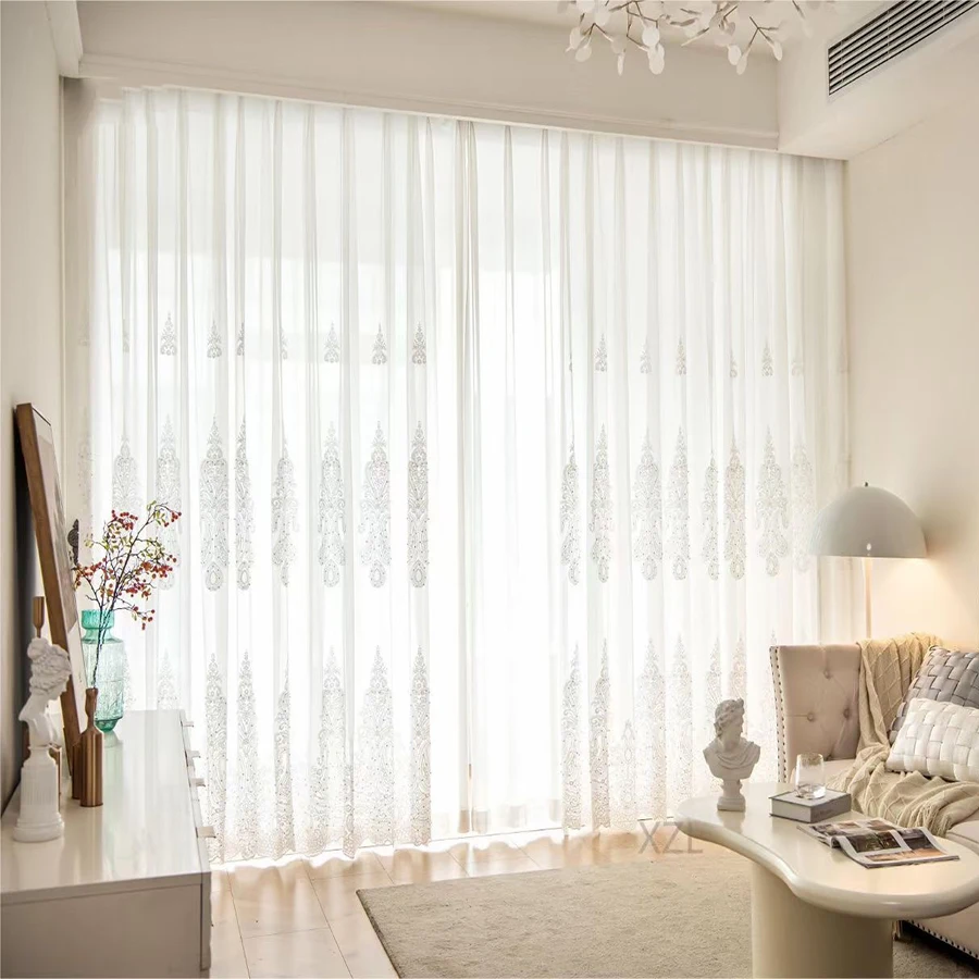 Delicado branco pérola sheer voile luxo bordado tule cortinas para sala de estar romântico linha fio ouro decoração casamento M201-5