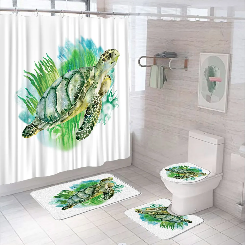 Tropical Fish Shower Curtain Set Blue Ocean Underwater Shark Turtle Octopus Bathroom Curtains Non-Slip Rug Bath Mat Toilet Cover