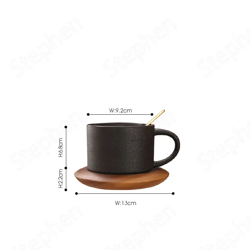 European Style Black Frosted Ceramic Coffee Cup with Wood Tray Cafe Restaurant Black Mugs Spoon Gold Decal Couple Cups Drinking