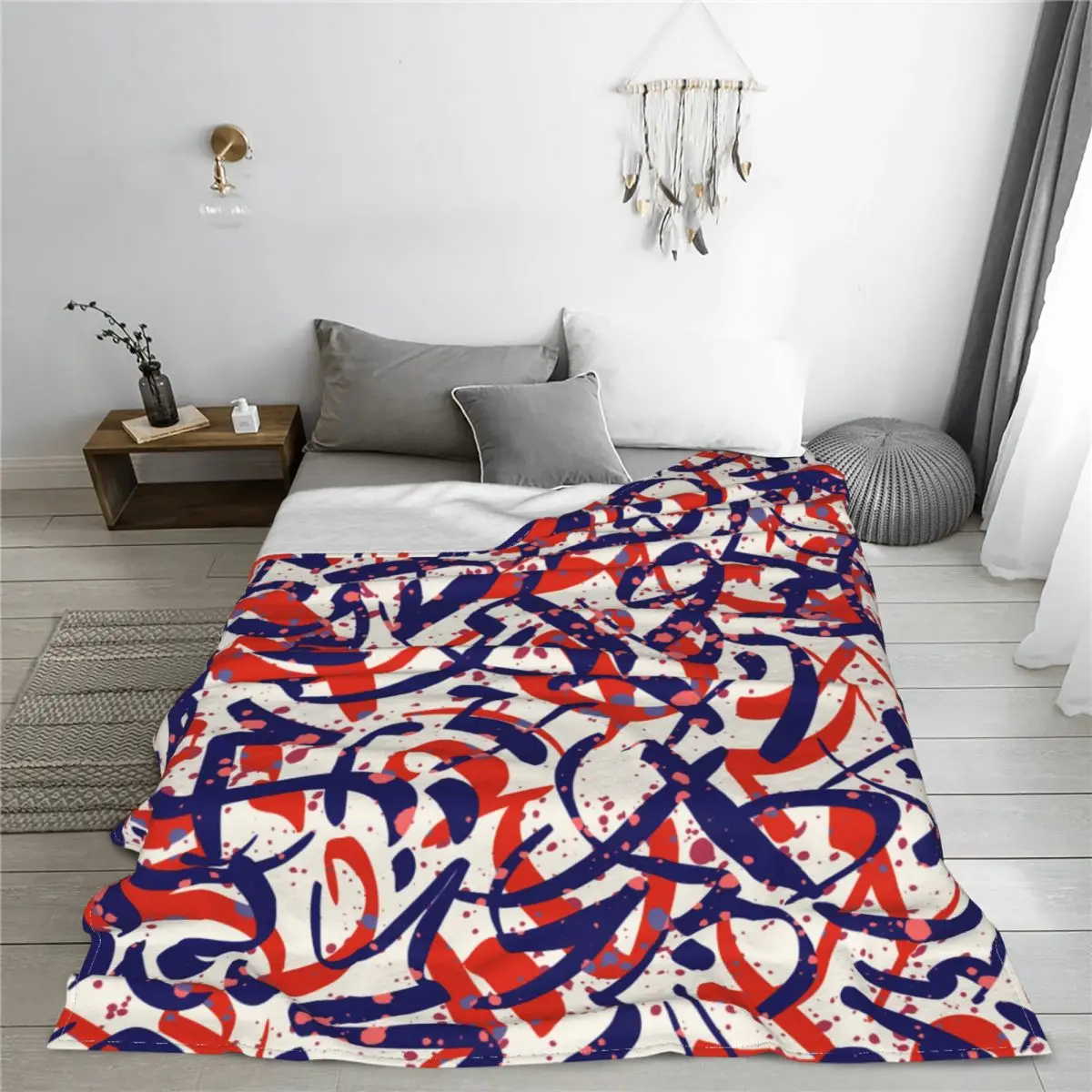 Abstract Modern Flannel Blanket Graffiti Letters Creative Throw Blanket for Home Plush Thin Quilt