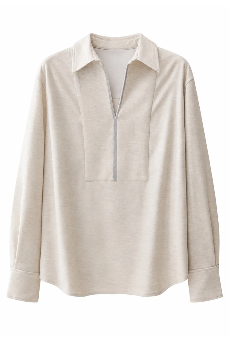 KL9623942 Damen-Pullover aus Wollmischung mit Polokragen, V-Ausschnitt, Ketten-Reißverschluss vorne, Oversized, elegant, für den frühen Herbst – Detail 14