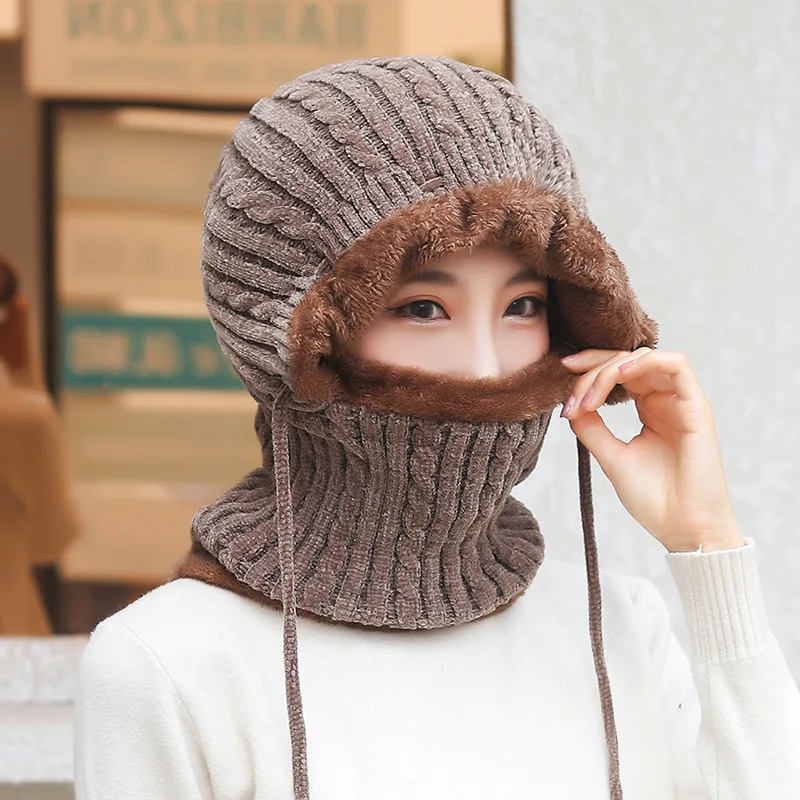 Winter Women's Hat Ear Protection One-Piece Knitted Hat Outdoor Warm And Fluffy Wind And Snow Beanie Hat
