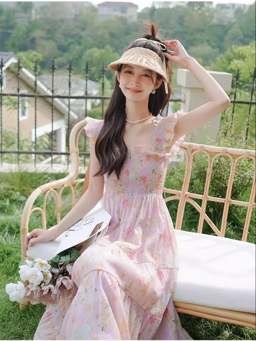 Vestido retrô suave estilo gola quadrada novo vestido fino e doce com manga voadora