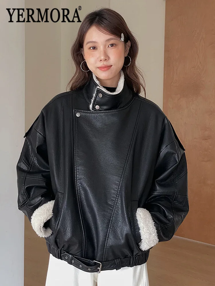 

YERMORA Black PU Leather Zipper Vintage Jacket For Women Lapel Long Sleeve Loose New Coat Fashion Tide Autumn Winter 2025
