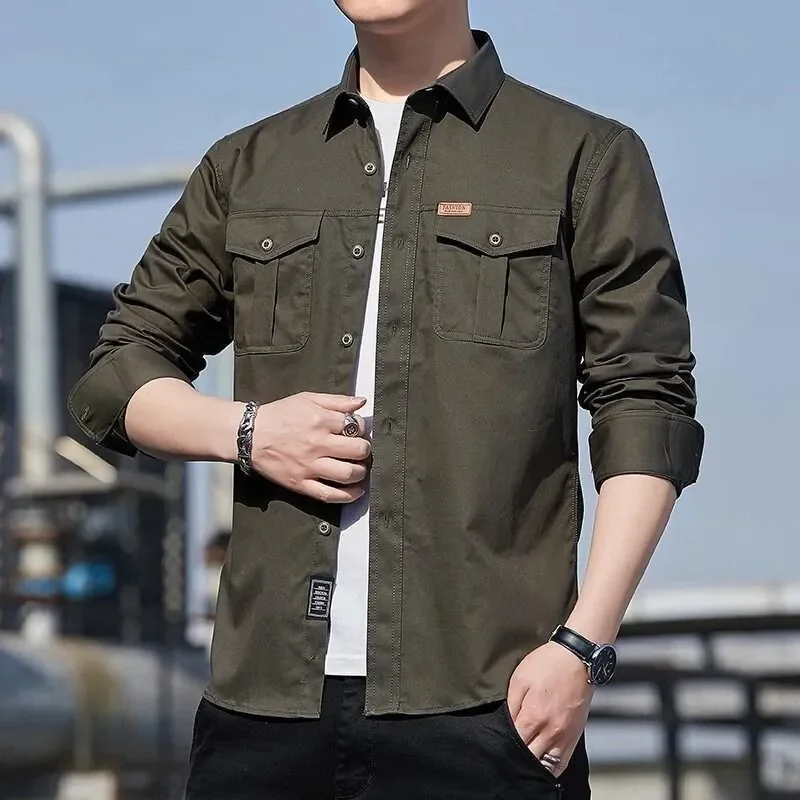 

Pure Cotton Long Sleeve Shirt American Workwear Mens Vintage Style Shirt Casual Washed Outerwear Pockets Spring Men's Shirts