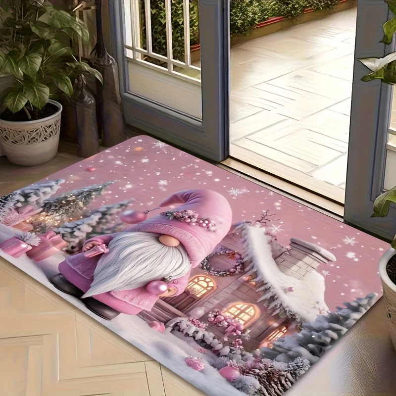 JOY Santa Claus Candy Cane Snowflake Repeat Print Non Slip Front Porch Doormat Deep Blue Winter Xmas Entryway Decor