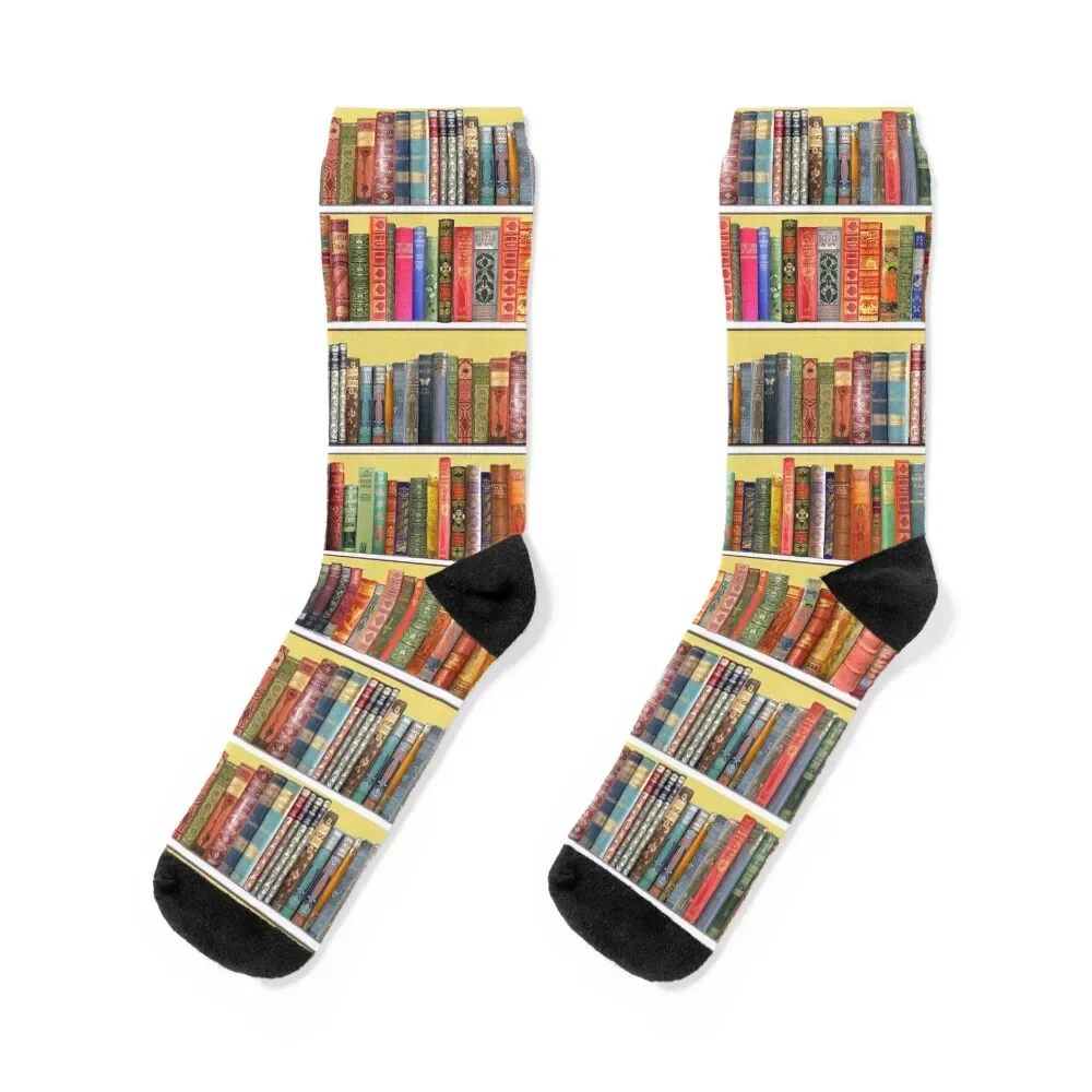 

Christmas books, christmas library, Vintage Bookshelf on yellow Socks custom Soccer funny gift new year Men Socks Women's