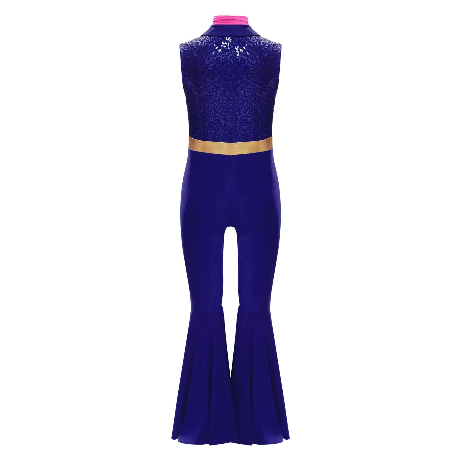 키즈 걸스 반짝이는 스팽글 점프수트 70년대 80년대 재즈 디스코 댄스웨어 라펠 칼라 민소매 벨바텀 풀 바디 레오타드 스카프 포함