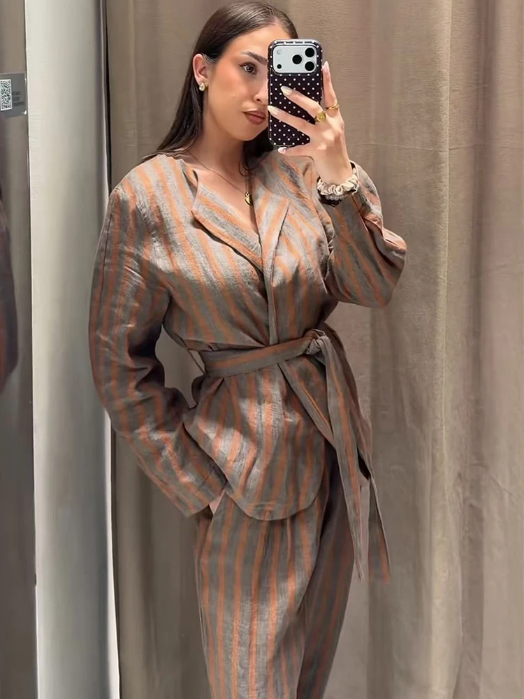 TFMLN Women Striped Pants Sets Office Causal V Neck Loose Belt Blazer+ Wide Leg Pants Suits 2026 New Vintage Female Outfits