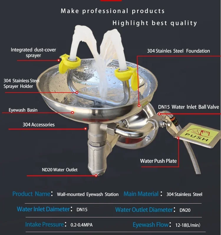 Laboratory Hand Push Industrial Emergency Eye Washer 304 Stainless Steel