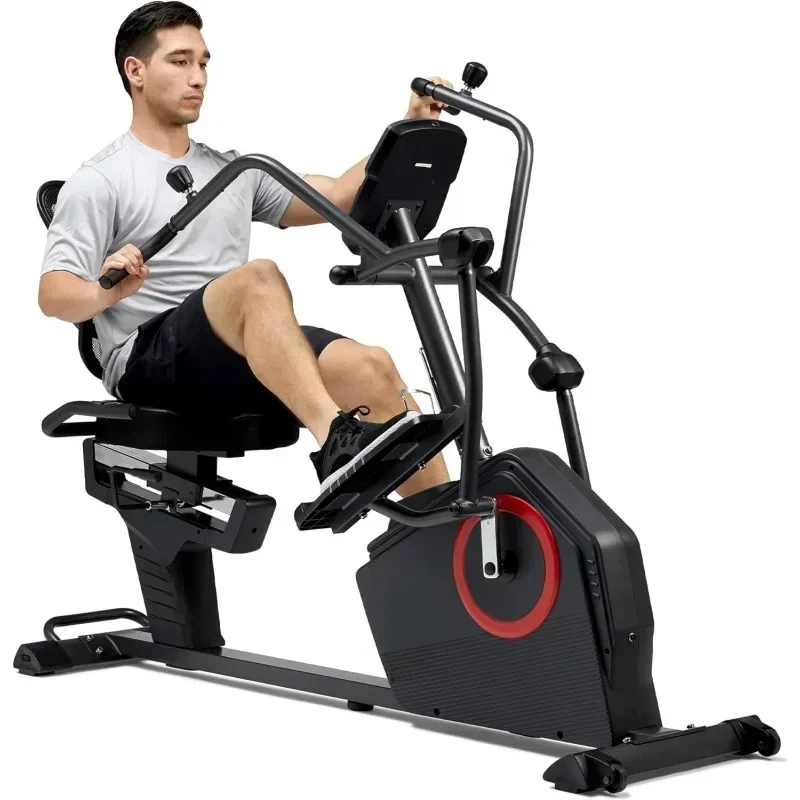 Sunny Health & Fitness Electromagnetic Recumbent Cross Trainer Exercise Elliptical Bike w/Arm Exercisers, Easy Access Seat