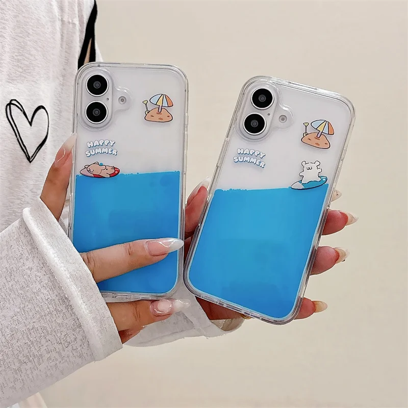 Cartoon Floating Dog Elements in Phone Case for iPhone 16 Pro Max 15 14 Shell Luxury Dynamic Move Around Cover Blue Liquid Coque